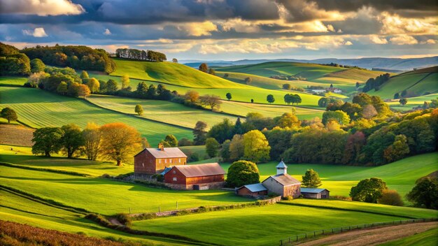 Rolling countryside around a farm