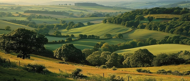 Rolling countryside with a patchwork of fields and hedgerows