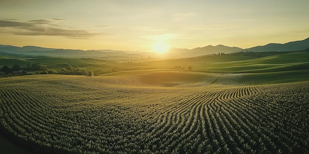 Rolling Green Fields Bathed in the Golden Light of Sunset