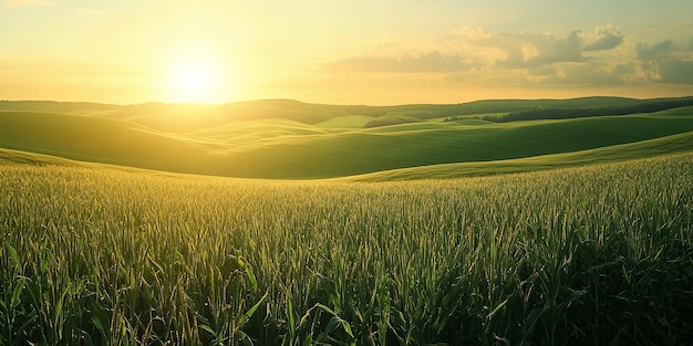 Rolling Green Fields Bathed in the Golden Light of Sunset