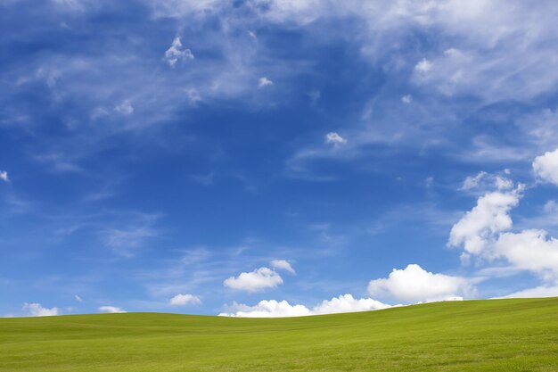 Rolling green hills under a bright blue sky with white fluffy clouds