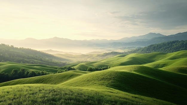 Rolling green hills under a hazy sky