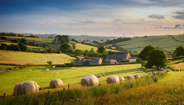 Rolling green hills pastoral idyllic countryside meandering streams vibrant wildflower