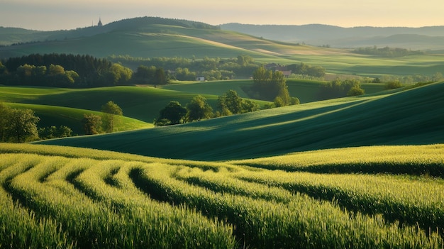 Photo rolling green hills at sunrise