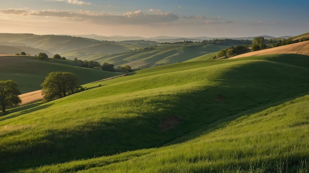 Photo rolling green hills in a tranquil countryside perfect for showcasing natures serene beauty