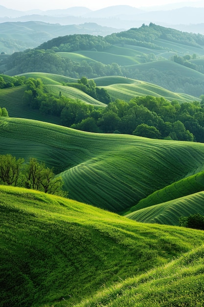 Rolling Green Hills Under a Wide Sky Soft Morning Light Bathing the Lush Scenery