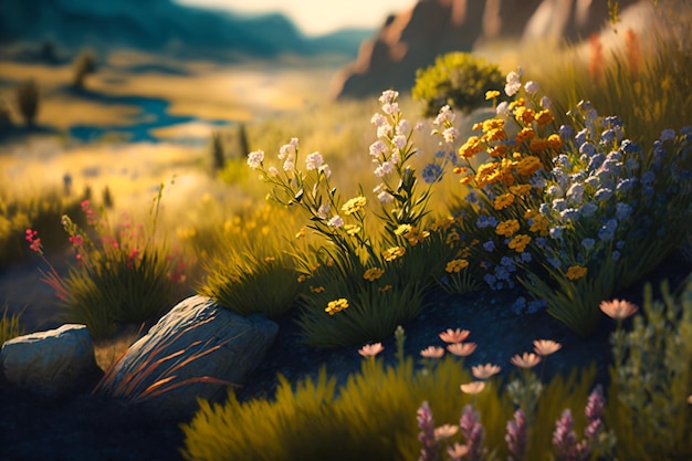 Rolling hills blanketed in a sea of swaying grasses and wildflowers