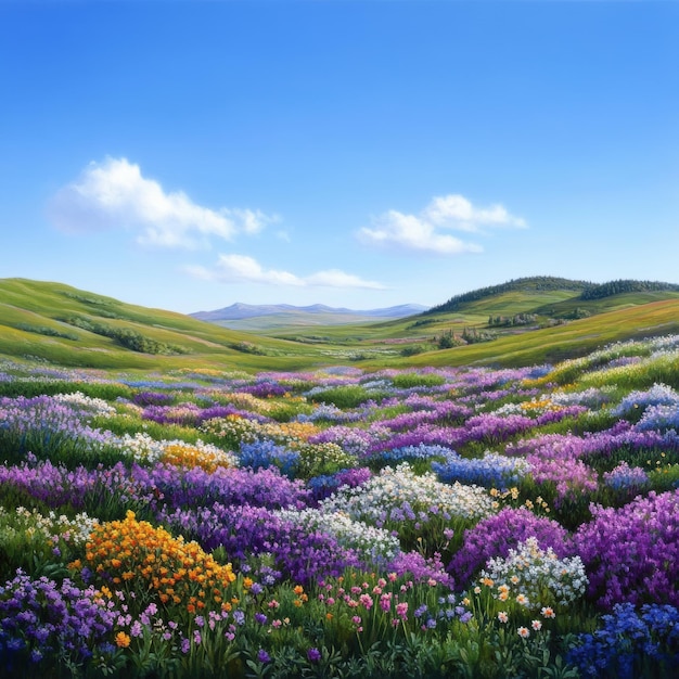 Rolling hills covered with vibrant spring wildflowers