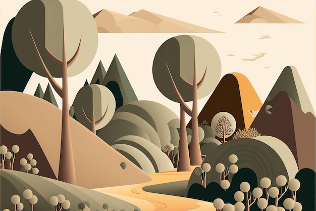 Rolling hillside Flat design illustration muted and earthy colors harmony and balance Generative AI