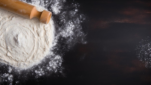 Rolling pin and white flour on a dark background