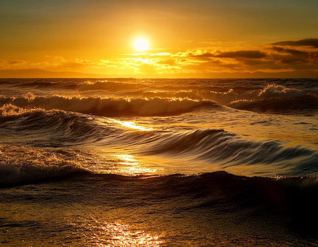 Photo rolling waves with golden reflection at sunset