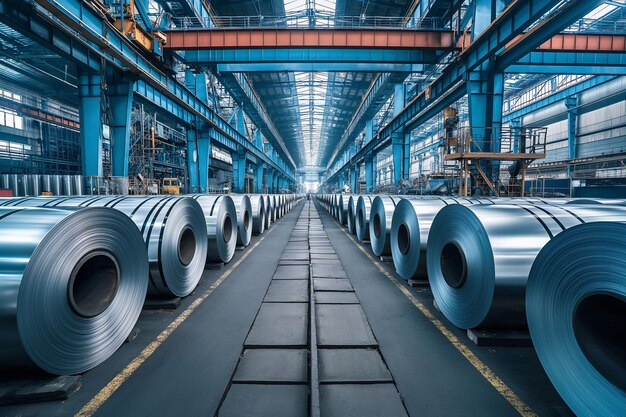 Rolls of aluminum or stainless steel sit in a long well lit industrial warehouse This image is suitable for representing manufacturing storage and the scale of industrial materials