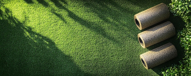 Photo rolls of artificial grass awaiting installation on freshly prepared lawn