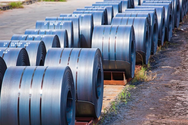 Rolls of carbon steel sheets outside the factory