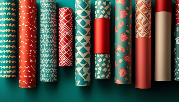 Photo rolls of colorful wrapping paper with various patterns