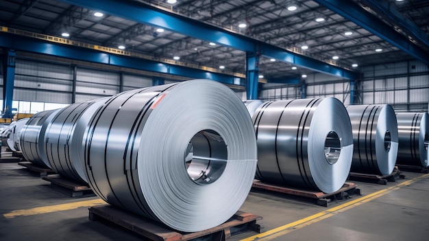 Rolls of galvanized sheet steel in the factory Large rolls of metal coils in the warehouse