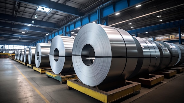 Rolls of galvanized sheet steel in the factory Large rolls of metal coils in the warehouse