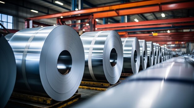 Rolls of galvanized sheet steel in the factory Large rolls of metal coils in the warehouse