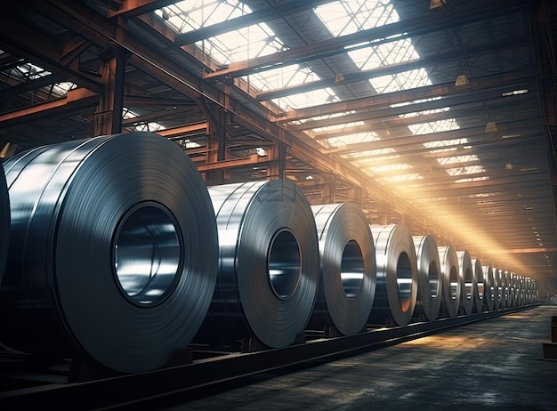 Rolls of galvanized steel sheet inside the factory or warehouse Created with Generative AI technolog