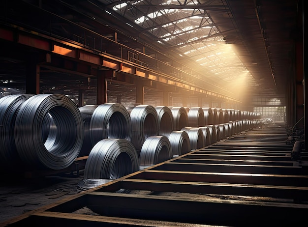 Rolls of galvanized steel sheet inside the factory or warehouse Created with Generative AI technolog