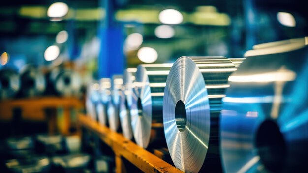 Rolls of metal lined up in a large factory warehouse