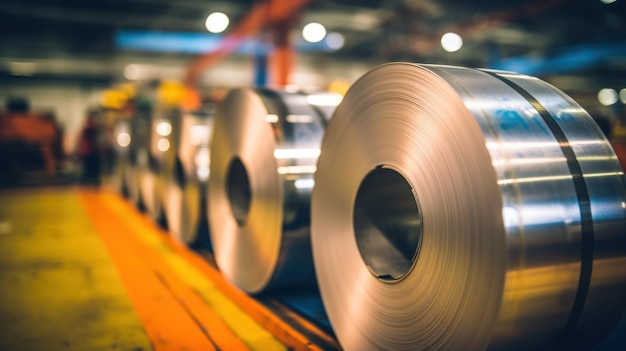 Rolls of metal lined up in a large factory warehouse