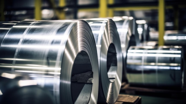 Rolls of metal lined up in a large factory warehouse