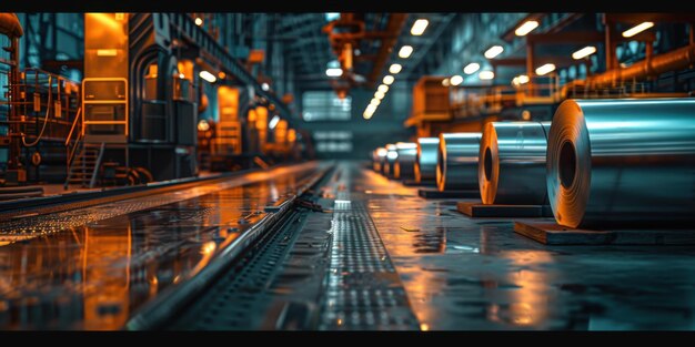 Rolls of metal sheets lined up in a modern factory highlighting industrial manufacturing and production processes