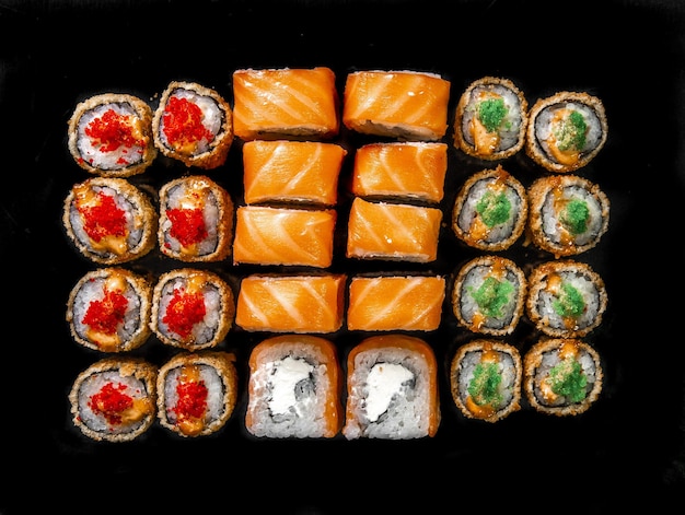 rolls set on a black background three kinds roll for the menu