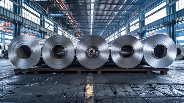 Rolls of steel in a production hall raw aluminum in a rough warehouse background