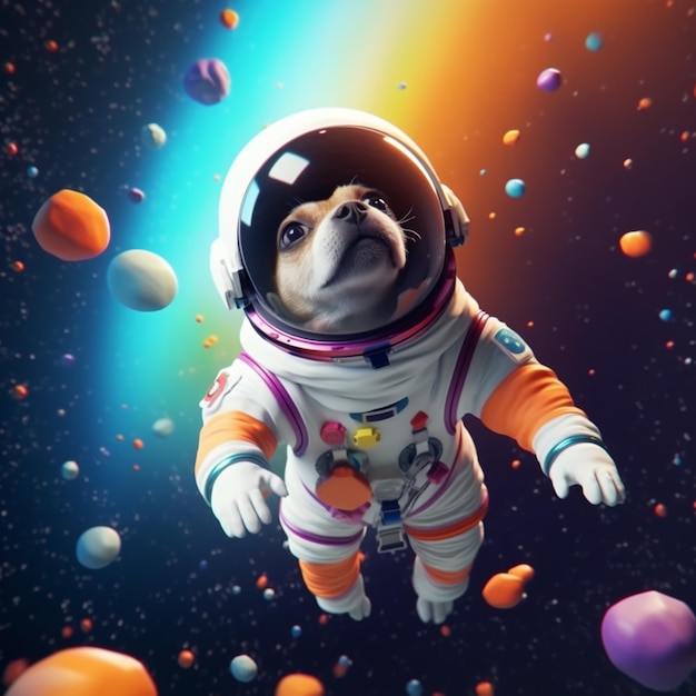 Photo roly poly dog wearing space floating background image