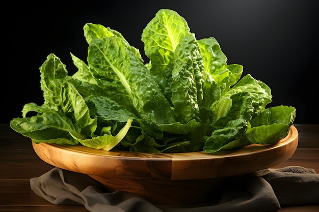 Romaine Lettuce on wooden bowl vegan kitchen food concept