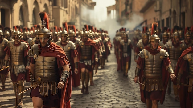 Roman legion marching triumphantly through the ancient streets of Rome