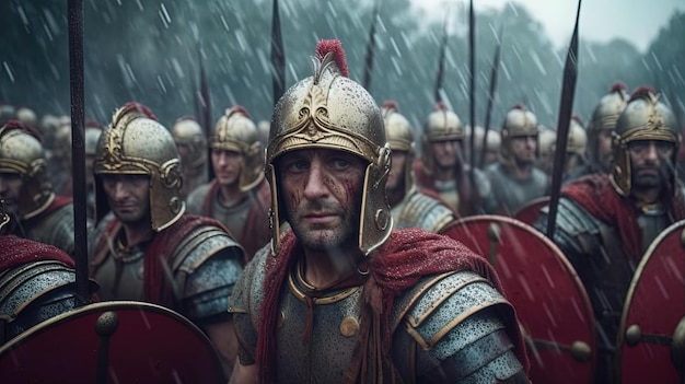 Roman legion soldiers ready for battle Rainy day Generative AI