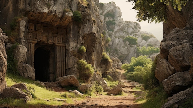 Roman road leading to an ancient temple hidden within a mountain with massive stone doors