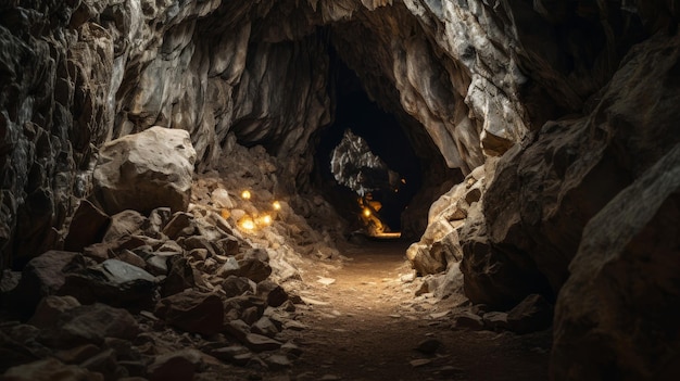 Roman road winding through an underground cavern illuminated by glowing crystals