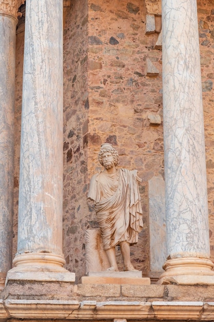 Roman Ruins of Merida detail of the precious sculptures of the Roman Theater Extremadura Spain