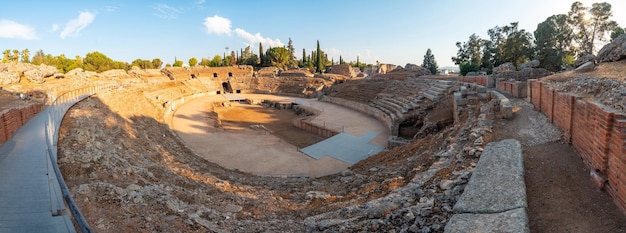 Roman Ruins of Merida panoramic and view of the Roman Amphitheater Extremadura Spain