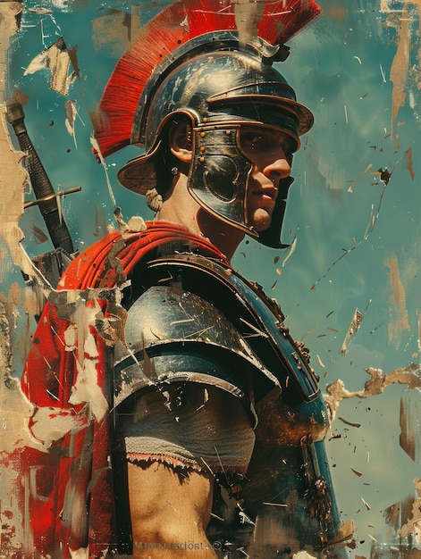 Photo a roman soldier stands strong his face partially obscured by the ravages of time