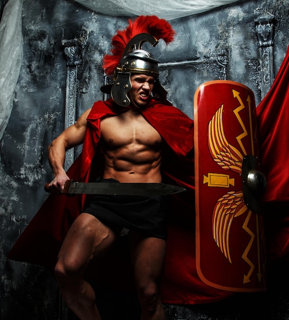 Roman warrior with muscular body fights