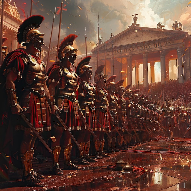 Roman warriors standing in formation in a grand and epic sceneHigh Quality