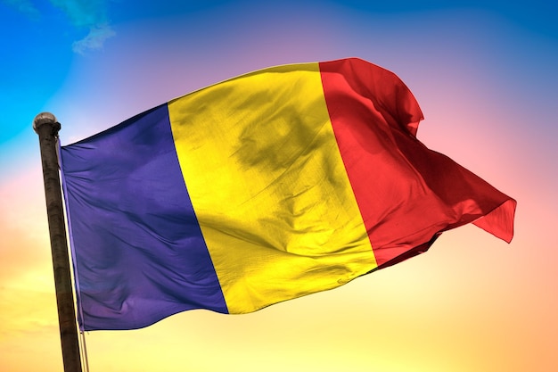 romania country flag, 3d flag, and color background.