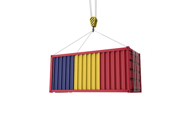 Romania flag cargo trade container hanging from a crane d render