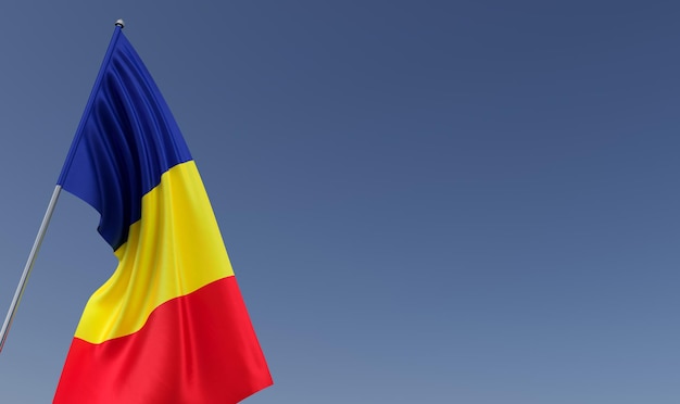 Romania flag on flagpole on blue background Place for text The flag is unfurling in wind Europe Bucharest Romanian 3D illustration