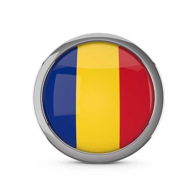 Romania national flag in a glossy circle shape with chrome frame 3D Rendering