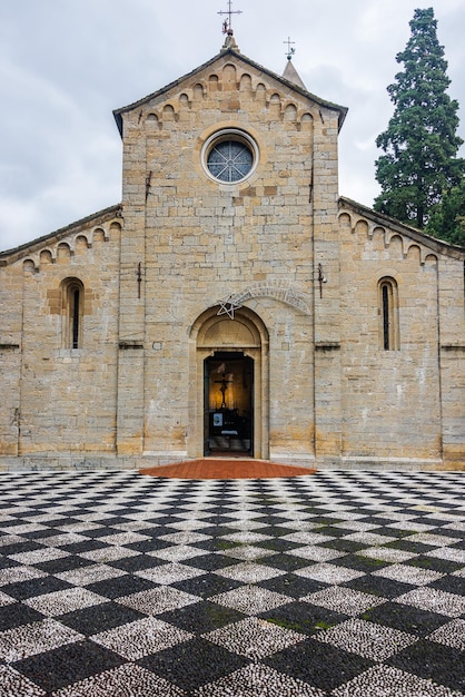 Romanic church of San Siro di Struppa in Genoa with its black and white checkere parvis