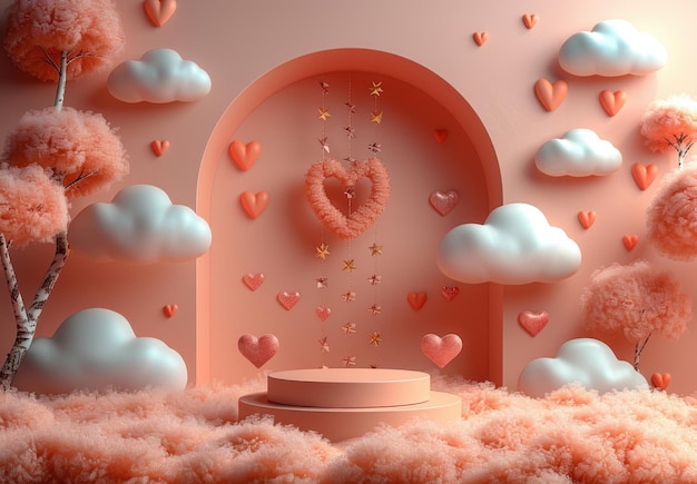 Photo romantic 3d illustration with hearts and clouds