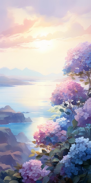 Romantic Anime Art Sunrise Over Coastal Flowers In Violet And Azure