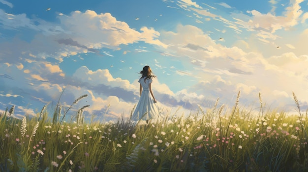 Romantic Anime Girl Walking In Meadow Inspiring Digital Painting