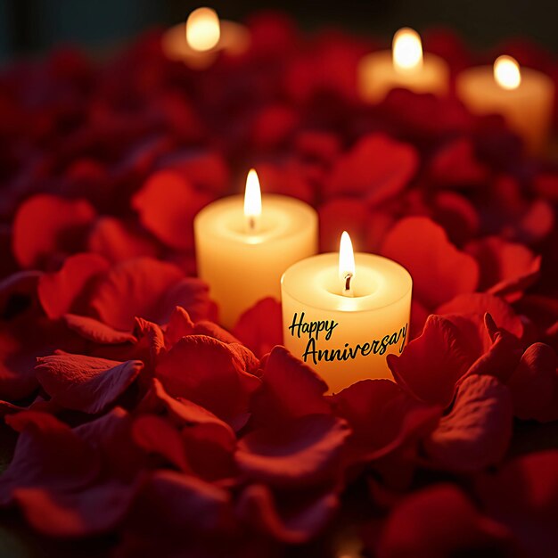 Photo a romantic arrangement of rose petals scattered around lit candles happy anniversary text